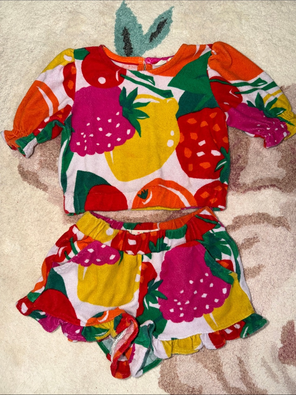 Mini Boden Bright Fruit Printed Tiered Terry Cloth Shorts and Top Set